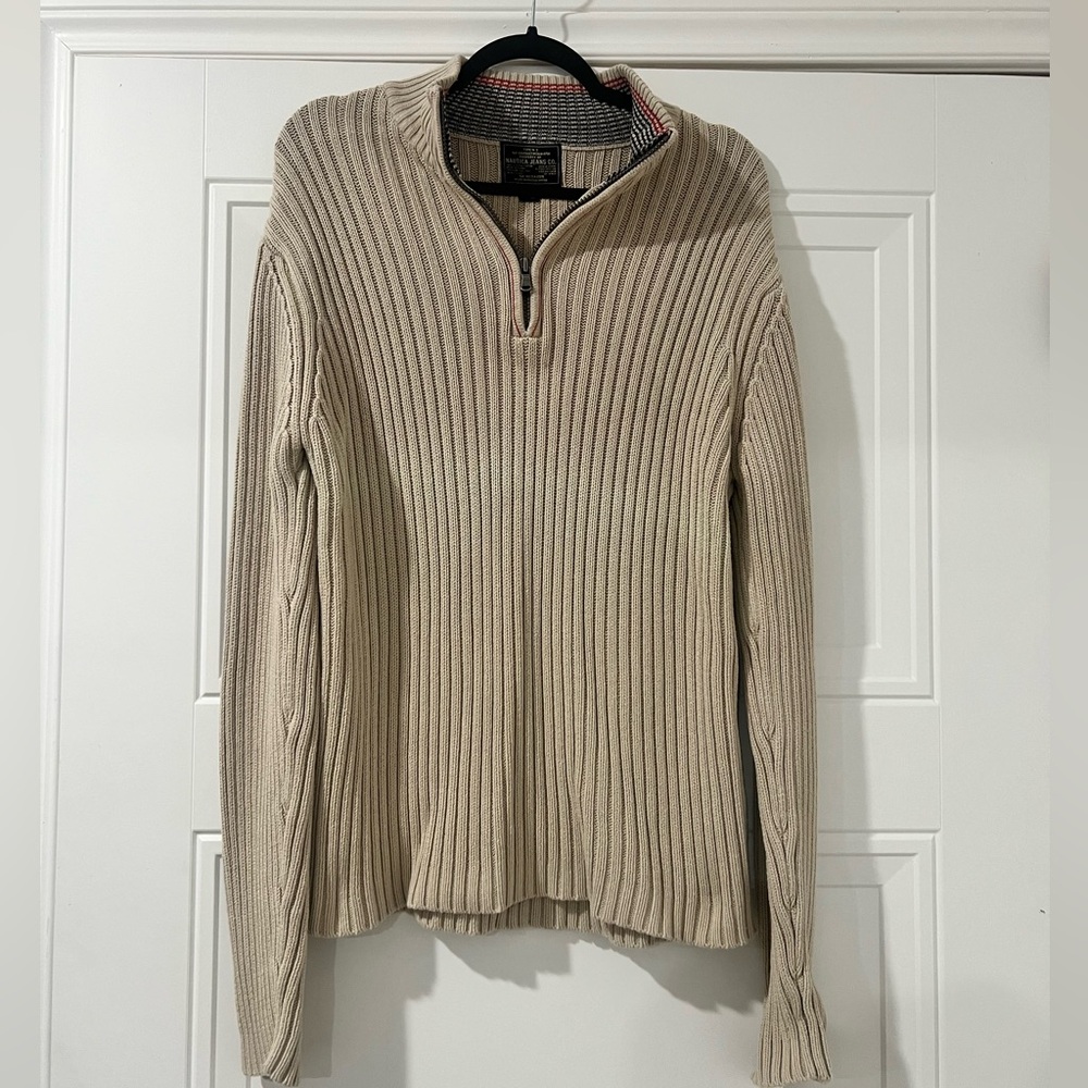 Nautica Cream and Red Striped Half-Zip Sweater